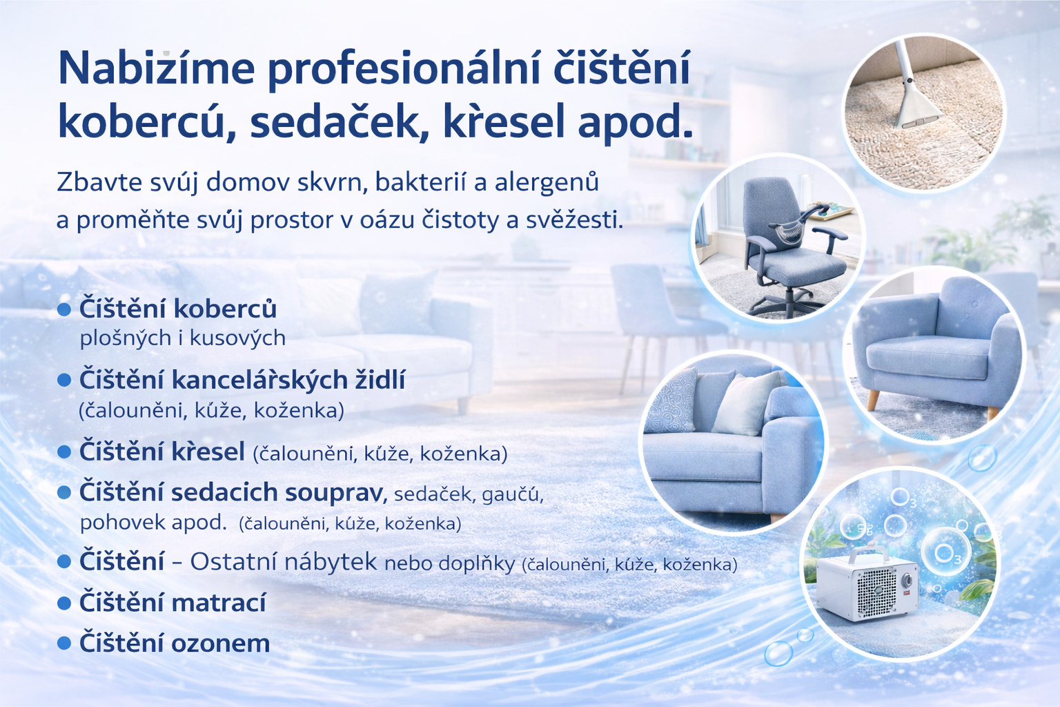 Nabízíme profesionální čištění koberců, sedaček, křesel apod.